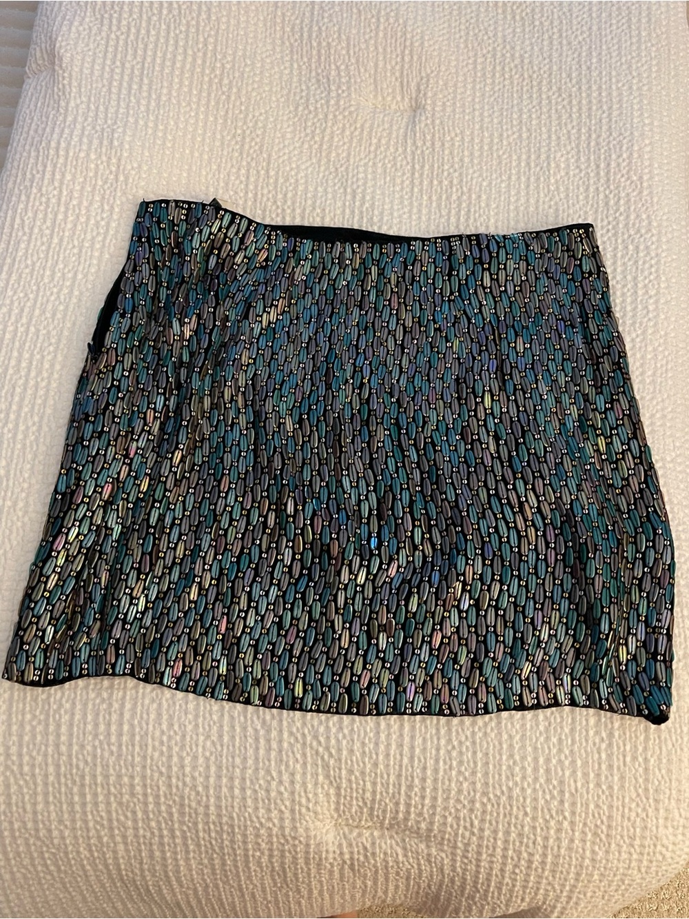 Aryn K Sequin Mini Skirt in Black with Iridescent Blue-Green Sequins